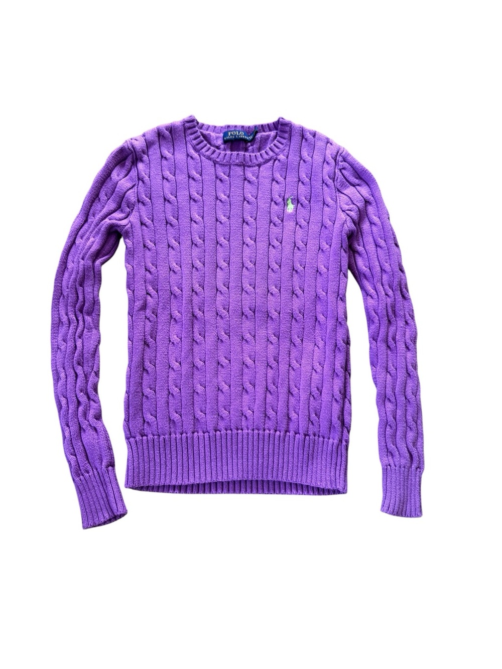Polo Ralph Lauren Girls XS Purple Cable Knit Sweater Pony Logo Cotton EUC